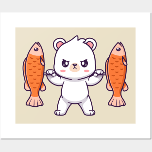 Cute Polar Bear Lifting Fish Barbell Cartoon Posters and Art